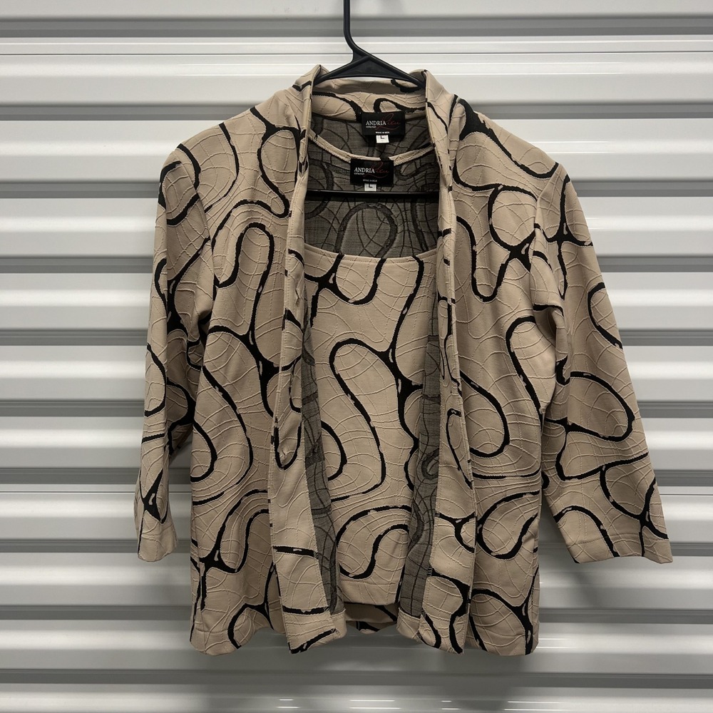 Andria Lieu Size L Womens Tan Black Abstract Swirl 2 Piece Jacket & Tank Set — photo 2